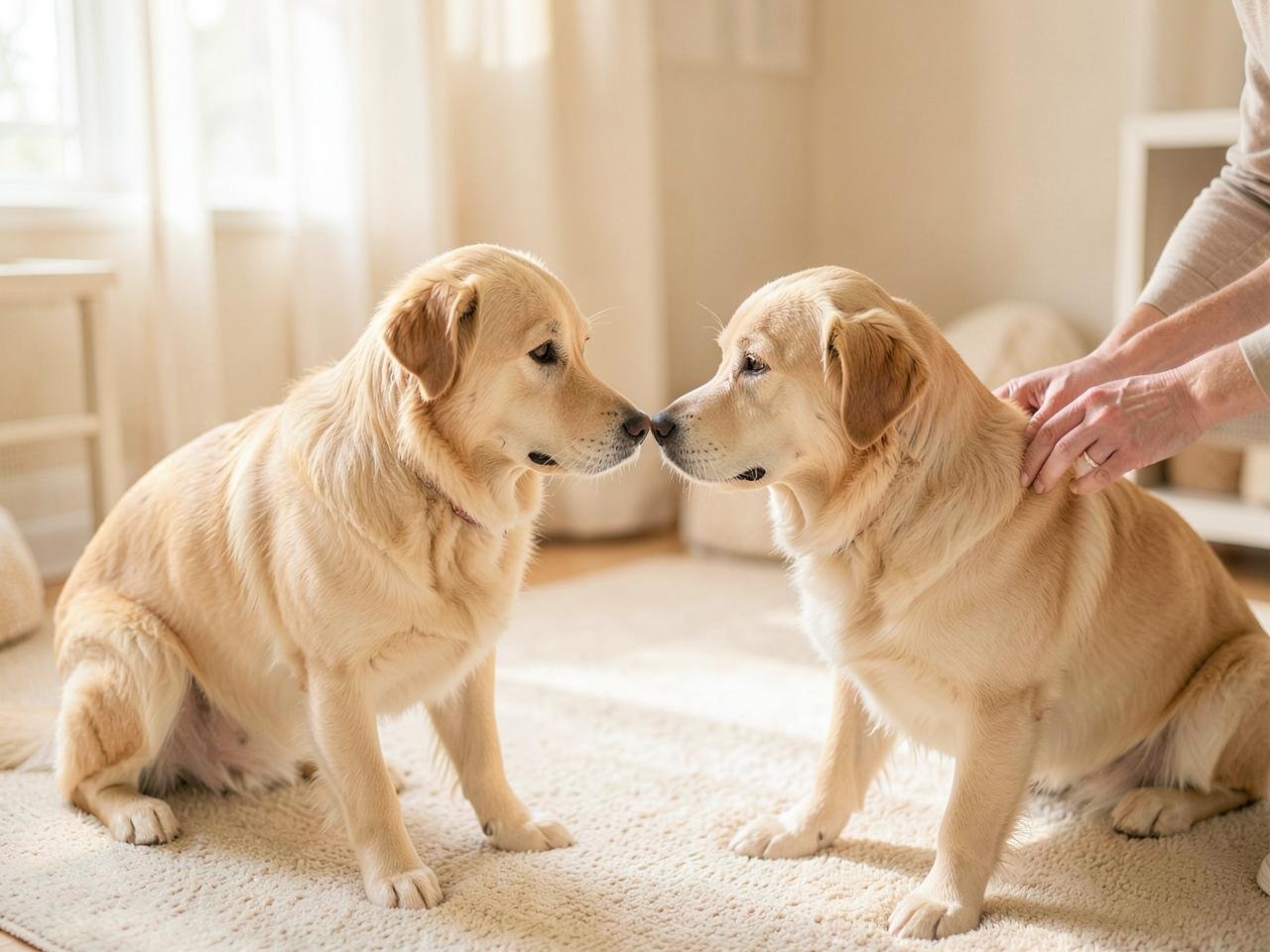 Dois cães se conhecendo de forma tranquila com acompanhamento da equipe
