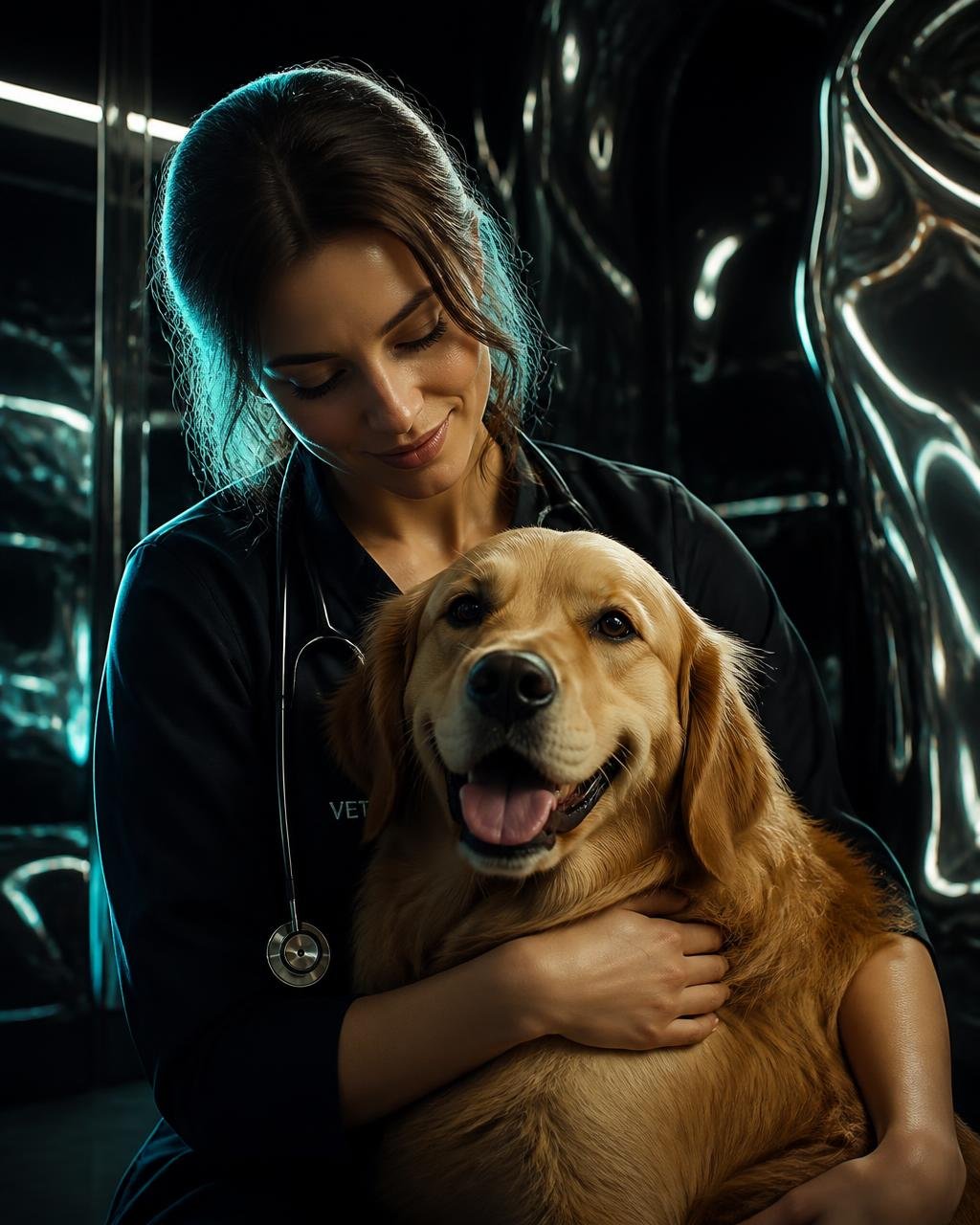 Veterinária ruiva abraçando um golden retriever na DayCare Pet Vet